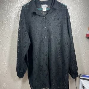 Vintage Charleston Rags Black‎ Button Up Collared Floral Lace Blouse Womens Sz 8